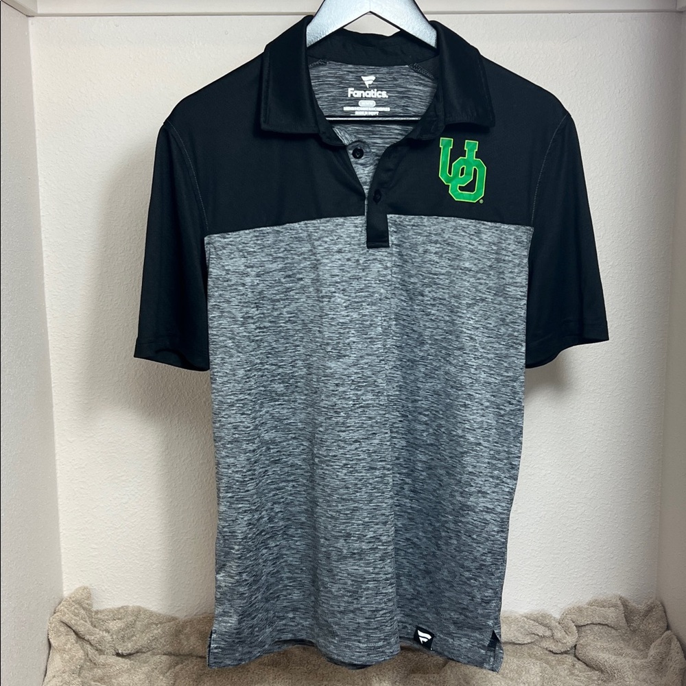 U Of O Fanatics Polo, Black & Gray, Polyester, Mens Short Sleeve Size Medium